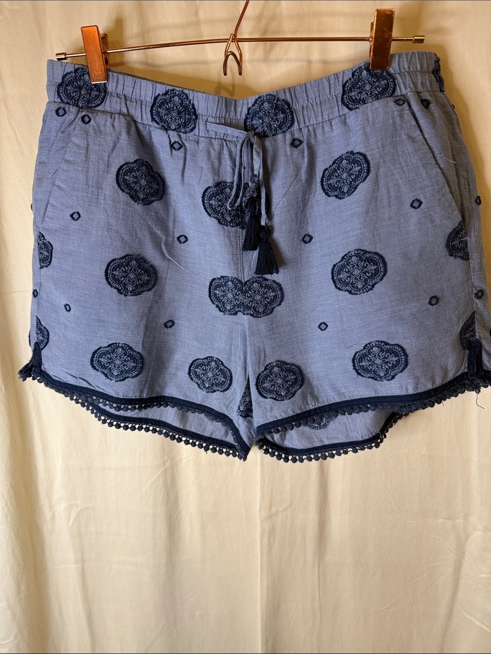 LOFT Light Blue High-Waist Shorts with Navy Embroidery